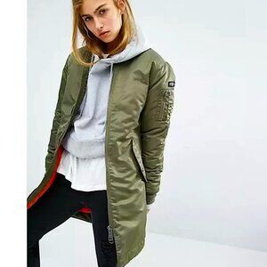 ALPHA INDUSTRIES MA-1 Longline Bomber Flight Jacket Sz S Green Military Utility